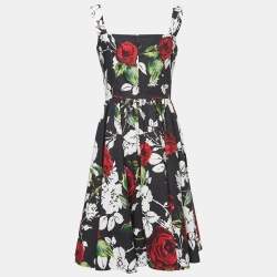 Pre Owned Dolce & Gabbana Black Floral Printed Cotton Flared Midi Dress M