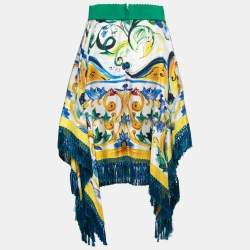 Pre Owned Dolce & Gabbana Multicolor Majolica Printed Silk Tassel Trim Asymmetric Skirt M