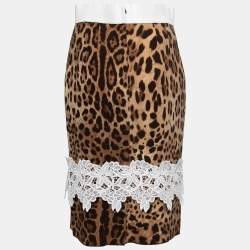 Pre Owned Dolce & Gabbana Brown Leopard Print Silk Lace Trimmed Skirt M