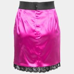 Pre Owned Dolce & Gabbana Magenta Pink Stretch Satin Lace Trim Mini Skirt S