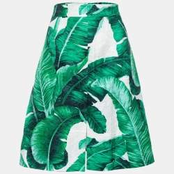 Pre Owned Dolce & Gabbana Green Banana Leaf Printed Cotton Jacquard Skirt M