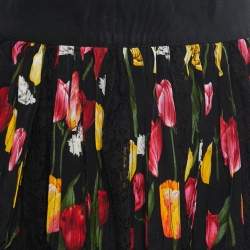 Pre Owned Dolce & Gabbana Black Tulip Print Silk Lace Trim Flared Skirt L