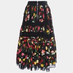 Pre Owned Dolce & Gabbana Black Tulip Print Silk Lace Trim Flared Skirt L