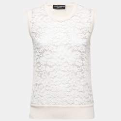 Pre Owned Dolce & Gabbana Cream Lace & Knit Rose-Button Cardigan & Top Set M