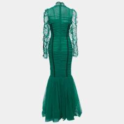 Pre Owned Dolce & Gabbana Green Ruched Tulle Lace Trimmed Gown M