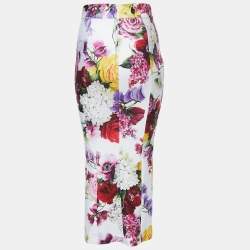 Pre Owned Dolce & Gabbana White Floral Printed Jersey Pencil Midi Skirt S