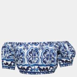 Pre Owned Dolce & Gabbana Blue Majolica Print Cotton Off-Shoulder Cropped Top S