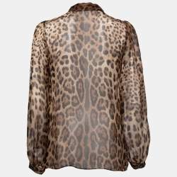 Pre Owned Dolce & Gabbana Brown Animal Printed Silk Tie-Neck Blouse S