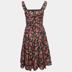 Pre Owned Dolce & Gabbana Black Rose Printed Cotton Flared Midi Dress M
