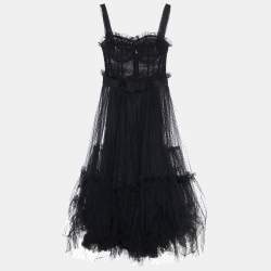 Pre Owned Dolce & Gabbana Black Plumetis Tulle Ruched Midi Dress L