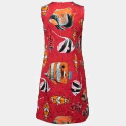 Pre Owned Dolce & Gabbana Red Fish Print Jacquard Sleeveless Shift Dress S