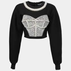 Pre Owned Dolce & Gabbana Black Neoprene Pearl Beaded Corset Cropped Sweatshirt S