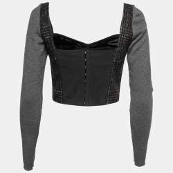 Pre Owned Dolce & Gabbana Brown/Grey Patterned Wool Bustier Long Sleeve Crop Top M