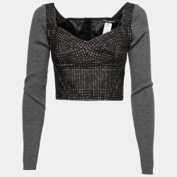 Pre Owned Dolce & Gabbana Brown/Grey Patterned Wool Bustier Long Sleeve Crop Top M