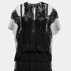 Pre Owned Dolce & Gabbana Black Floral Lace Overlay Tiered Gown M