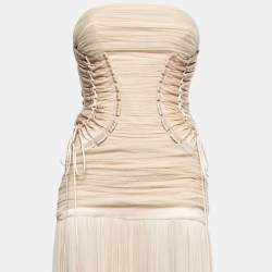 Pre Owned Dolce & Gabbana Beige Silk Mesh Ruched Strapless Gown S