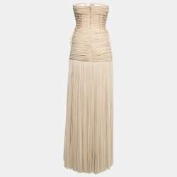 Pre Owned Dolce & Gabbana Beige Silk Mesh Ruched Strapless Gown S
