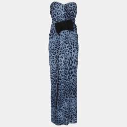 Pre Owned Dolce & Gabbana Blue Animal Printed Silk Bow Detail Strapless Maxi Dress L
