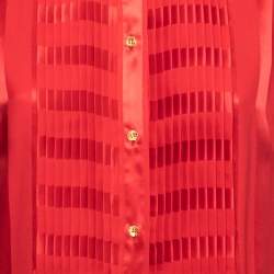 Pre Owned Dolce & Gabbana Red Striped Silk Pleated Front Tie Neck Blouse M