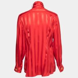 Pre Owned Dolce & Gabbana Red Striped Silk Pleated Front Tie Neck Blouse M