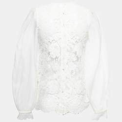 Pre Owned Dolce & Gabbana White Lace and Organza Long Sleeve Top M