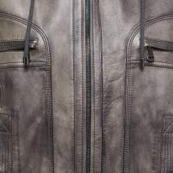 Pre Owned Dolce & Gabbana Grey Leather and Knit Zip Front Hooded Jacket  XL