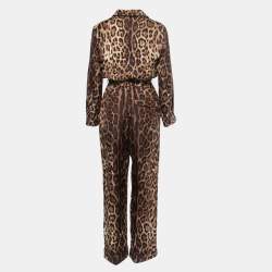 Dolce & Gabbana Brown Leopard Printed Silk Button Front Flared Leg Jumpsuit M
