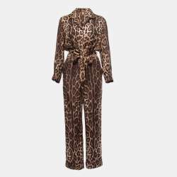 Dolce & Gabbana Brown Leopard Printed Silk Button Front Flared Leg Jumpsuit M