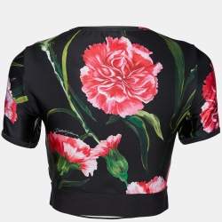 Pre Owned Dolce & Gabbana Black Floral Printed Jersey Logo band Detail Crop Top M