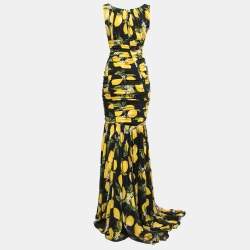 Pre Owned Dolce & Gabbana Black Lemon Printed Silk Ruched Maxi Dress XS