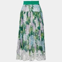 Pre Owned Dolce & Gabbana Green Hydrangea Printed Silk & Lace Flared Midi Skirt S