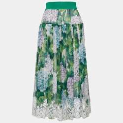 Pre Owned Dolce & Gabbana Green Hydrangea Printed Silk & Lace Flared Midi Skirt S