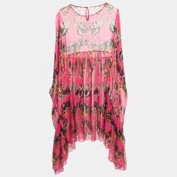 Pre Owned Dolce & Gabbana Pink Butterfly Printed Silk Chiffon Asymmetrical Kaftan Dress M