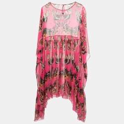 Pre Owned Dolce & Gabbana Pink Butterfly Printed Silk Chiffon Asymmetrical Kaftan Dress M