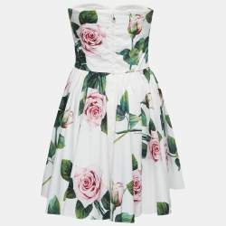 Pre Owned Dolce & Gabbana White Floral Printed Cotton Poplin Strapless Mini Dress S