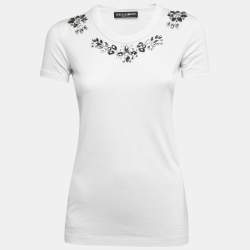 Pre Owned Dolce & Gabbana White Crystal Embellished Cotton Half Sleeve Crew Neck T-Shirt XS