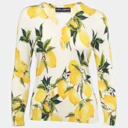 Pre Owned Dolce & Gabbana Cream/Yellow Lemon Print Cashmere & Silk V-Neck Sweater S