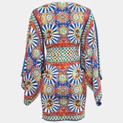 Pre Owned Dolce & Gabbana Multicolor Printed Silk Wide Kimono Sleeve Short Dress XS