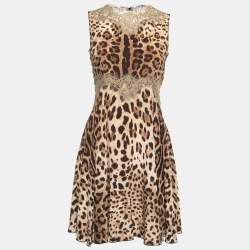 Pre Owned Dolce & Gabbana Brown Leopard Print Silk Lace Trimmed Sleeveless Flared Short Dress S