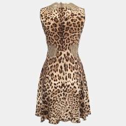 Pre Owned Dolce & Gabbana Brown Leopard Print Silk Lace Trimmed Sleeveless Flared Short Dress S