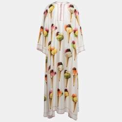 Pre Owned Dolce & Gabbana White Ice Cream Print Silk Kaftan Maxi Dress S