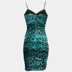 Pre Owned Dolce & Gabbana Green Animal Print Silk Satin Ruched Corset Detail Strappy Mini Dress S