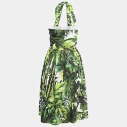 Pre Owned Dolce & Gabbana Green Leaves Print Cotton Halter Neck Short Dress XXL