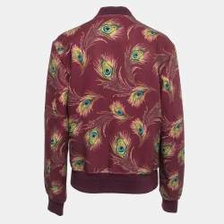 مملوكة مسبقًا Dolce & Gabbana Burgundy Peacock Feather Print Synthetic Zip Front Bomber Jacket L