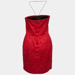 Pre Owned Dolce & Gabbana Red Jacquard Silk Blend Corset Detail Strapless Mini Dress M