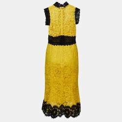 Pre Owned Dolce & Gabbana Yellow Lace Contrast Detail Midi Dress S