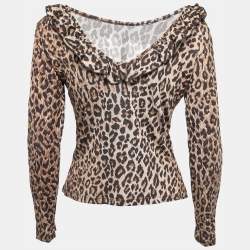 Pre Owned Dolce & Gabbana Brown Animal Print Jersey Ruffled Neck Full Sleeve Top L