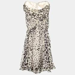 Pre Owned Dolce & Gabbana White Animal Printed Silk Strapless Mini Dress S
