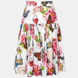 Dolce & Gabbana White Floral Printed Cotton Pleated Midi Skirt M