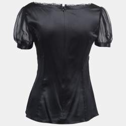 Pre Owned Dolce & Gabbana Black Satin Lace Trimmed Puff Sleeve Blouse M